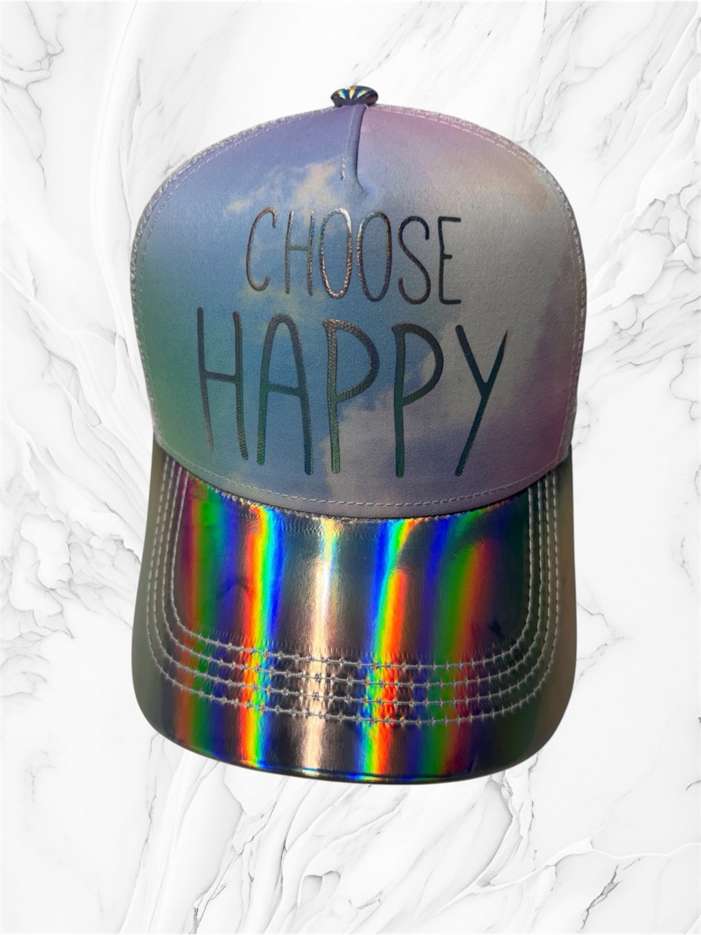Choose Happy Iridescent Cap - Rainbow Holographic Brim trucker hat adjustable